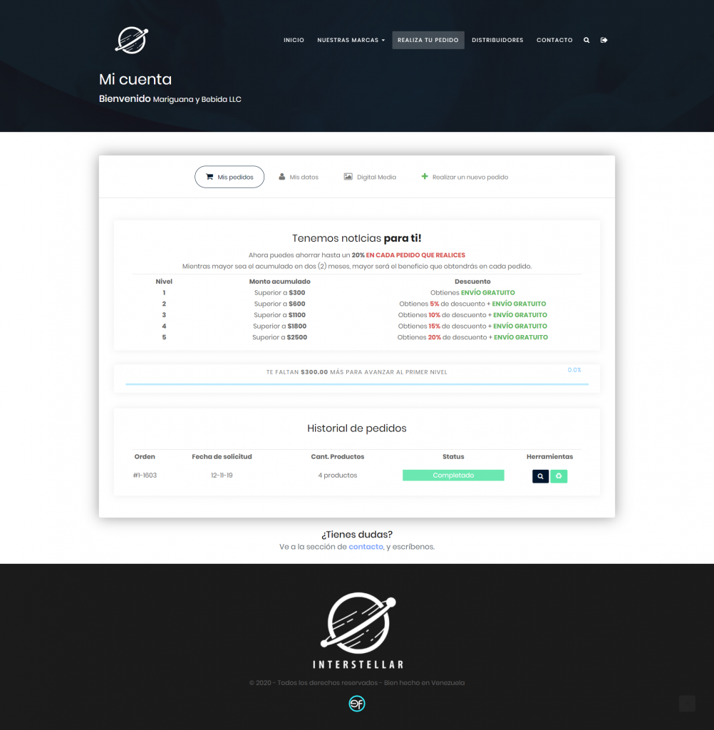 Interstellar Eliquids sistema de pedidos